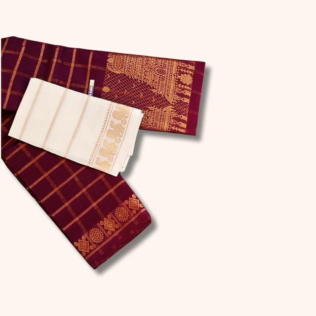 Maroon Checked Cotton Saree with Gold Zari & White Blouse