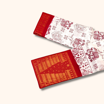 Off White Elephant & Floral Print Cotton Saree with Red Temple Border