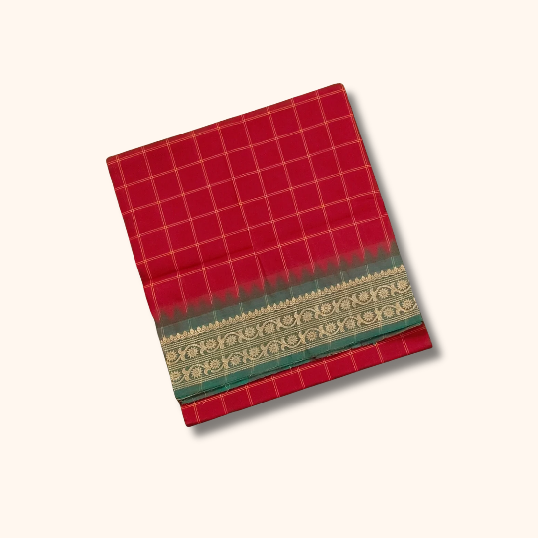 Red Checked Chettinad Cotton Saree with Green Traditional Border