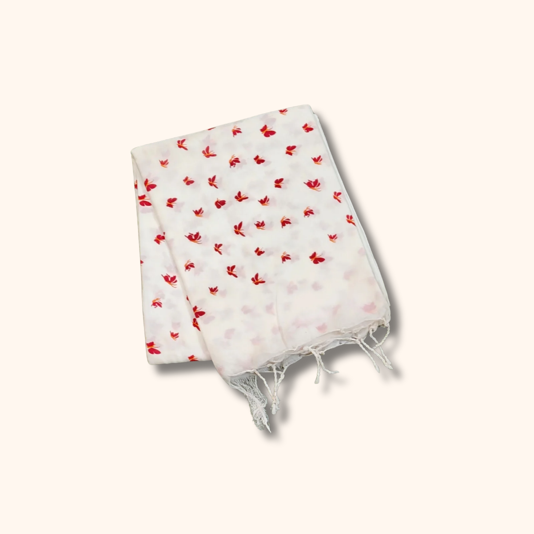 White Mul Cotton Saree with Red Floral Print – Running Blouse Included