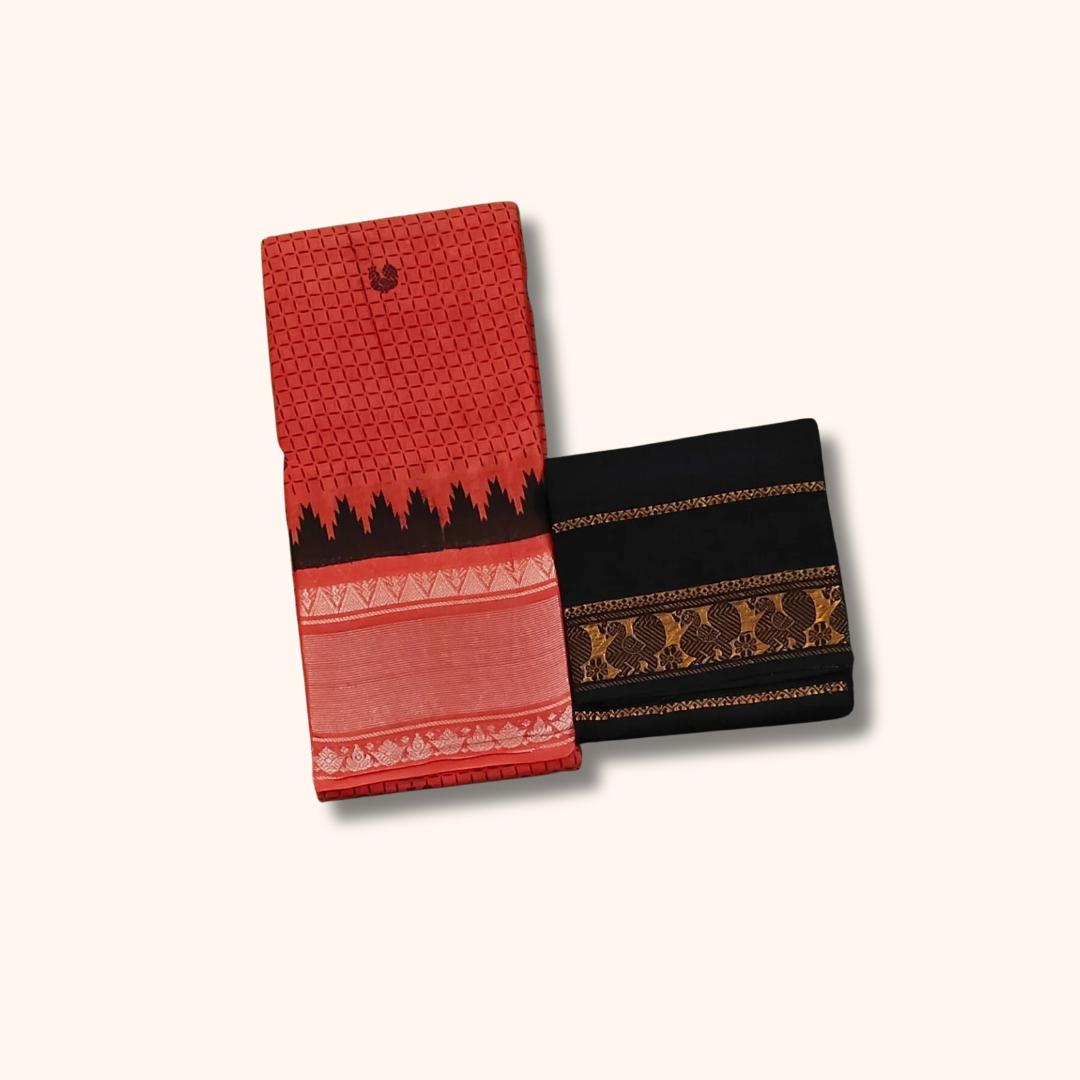 Tomato Red Sungudi Cotton Saree with Silver Zari Temple Border & Coffee Brown Blouse