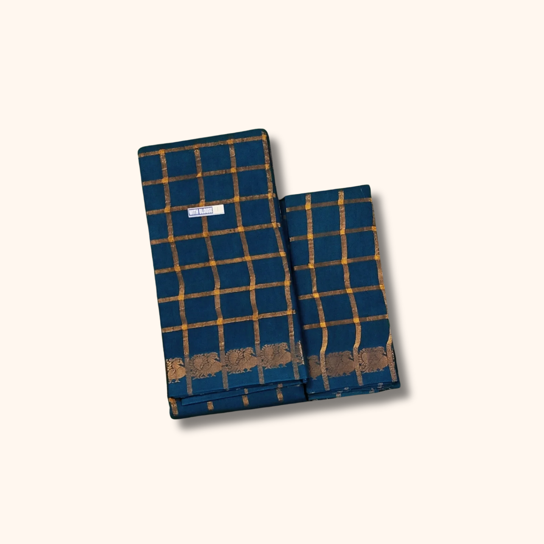 Navy Blue Gold Zari Pavithra Kattam Sungudi Cotton Saree