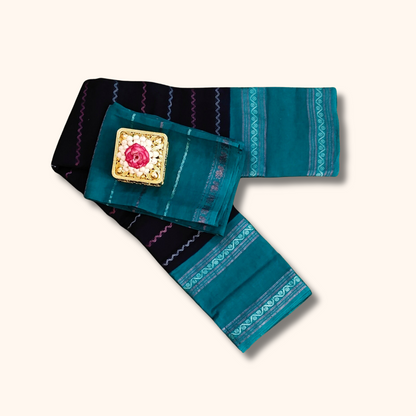 Black & Teal Sungudi Cotton Saree with Separate Blouse