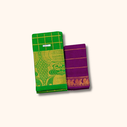 Green Sungudi Cotton Saree with Gold Zari Checks & Kathakali Border – Separate Blouse Piece
