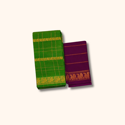 Green Cotton Saree with Gold Zari Checks & Peacock Border – Purple Blouse Piece