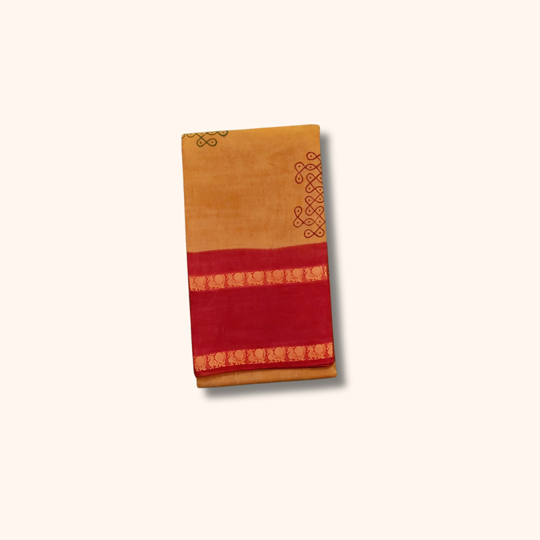 Mustard Yellow Kolam Design Cotton Saree with Red Border – Running Blouse