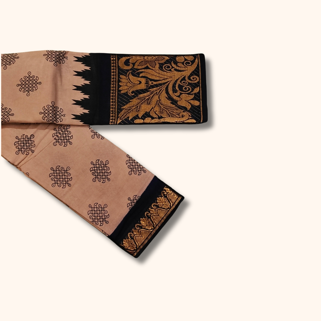 Rose Beige Sungudi Cotton Saree with Black Floral Zari Border