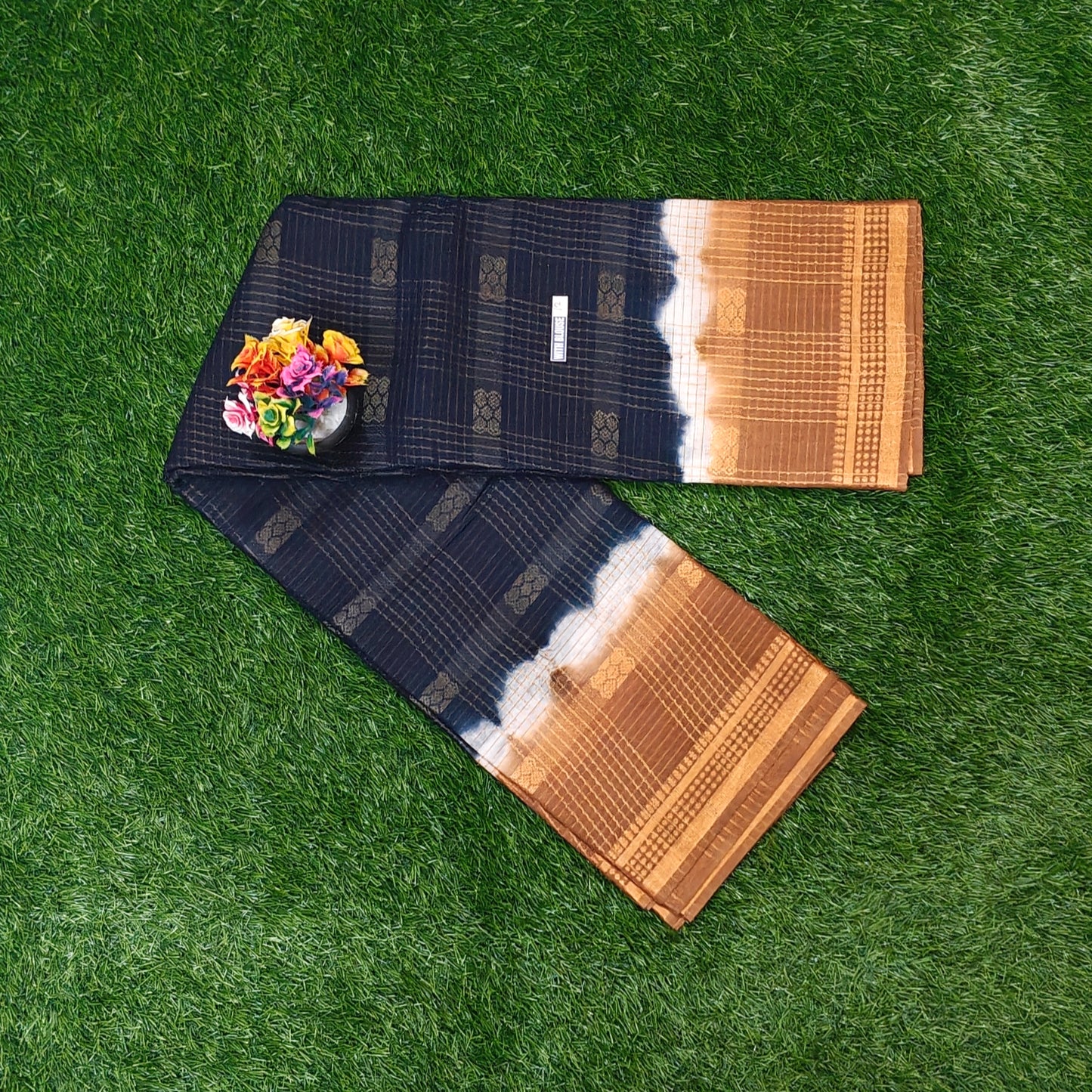 Midnight Blue Thread Work Sungudi Saree with Copper Zari Border