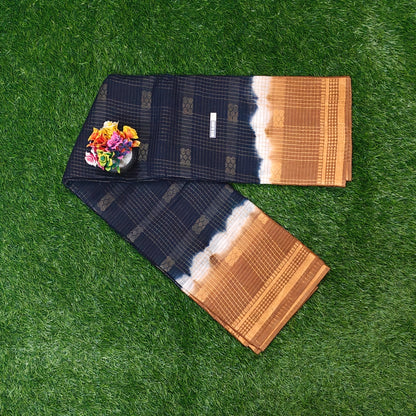 Midnight Blue Thread Work Sungudi Saree with Copper Zari Border