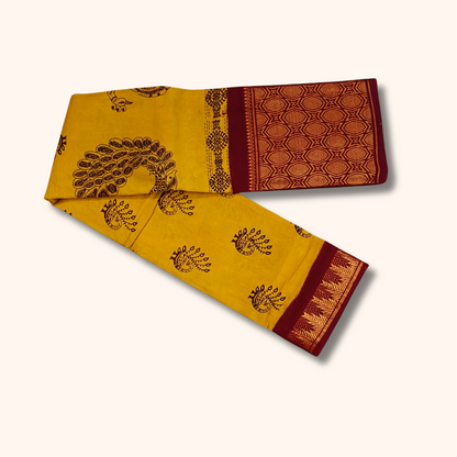 Mustard Yellow Sungudi Cotton Saree with Maroon Peacock Zari Border