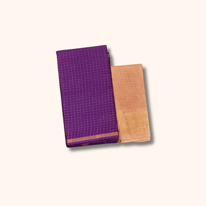 Purple Checked Sungudi Cotton Saree with Beige Peacock Zari Border