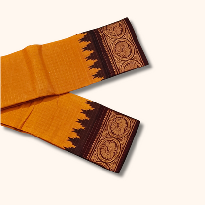 Mustard Orange Sungudi Cotton Saree with Maroon Peacock Zari Border