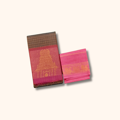 Brown Temple Border Cotton Saree with Pink Pallu Separate Blouse Piece