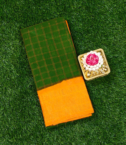 Dark Green Sungudi Cotton Saree with Golden Checks & Rich Mustard Elephant Border