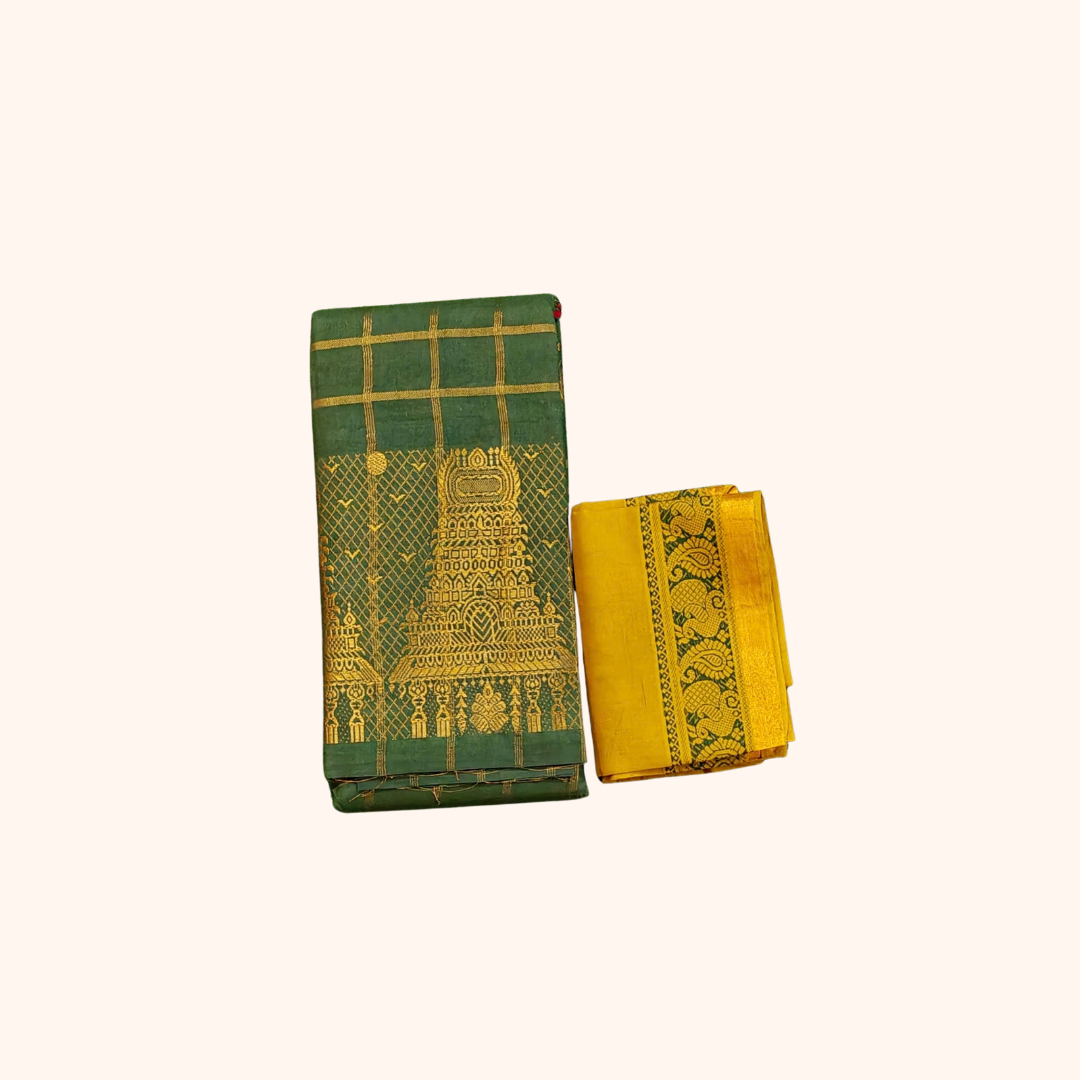 Dark Green Sungudi Cotton Saree with Gold Zari Checks & Designer Pallu – Separate Blouse Piece