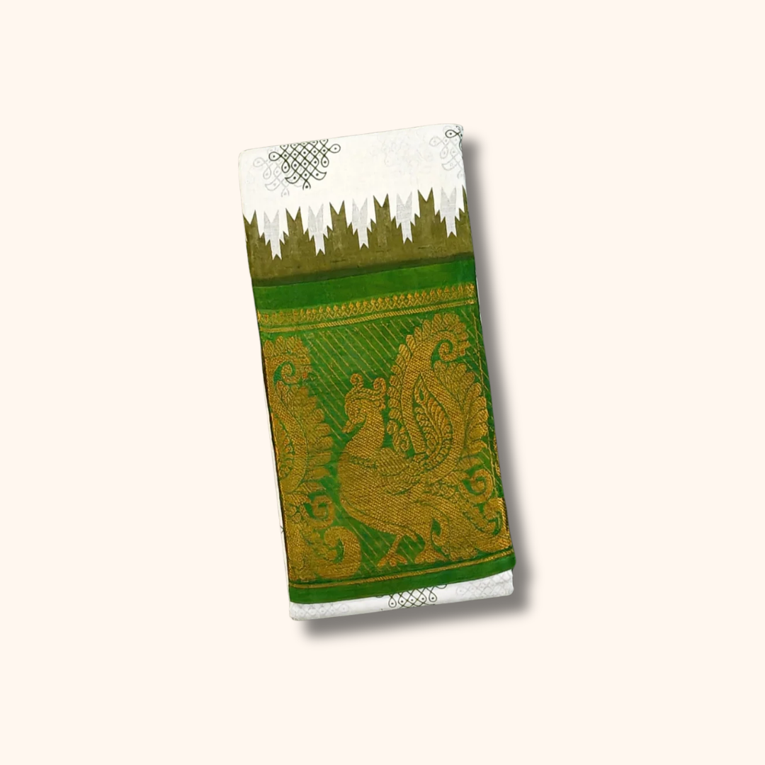 White & Green Kolam Temple Border Sungudi Cotton Saree