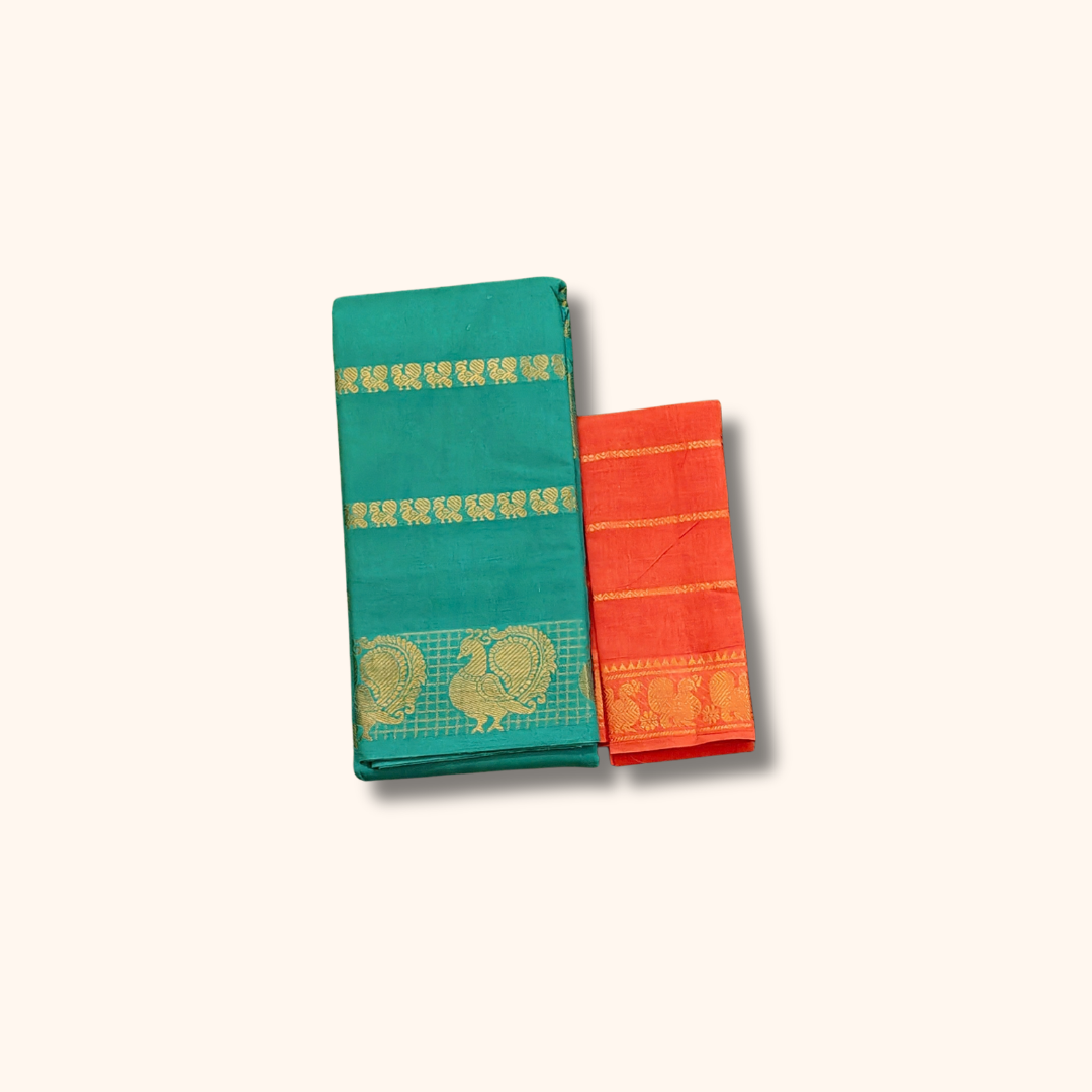 Teal Green Cotton Saree with Gold Zari Stripes & Peacock Border – Separate Coral Orange Blouse Piece