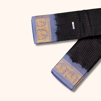 Black Sungudi Cotton Saree with Lavender Blue Peacock Border