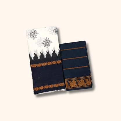 Black & White Kolam Temple Border Sungudi Cotton Saree with Separate Blouse