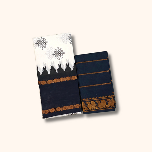 Black & White Kolam Temple Border Sungudi Cotton Saree with Separate Blouse