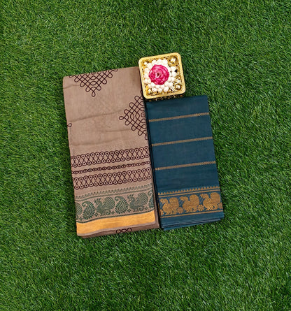 Dusty Brown Sungudi Cotton Saree with Kolam Motifs & Teal Green Contrast Border
