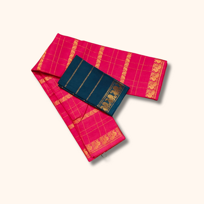 Pink Pure Sungudi Cotton Saree with Gold Zari Checks & Navy Blue Blouse Piece