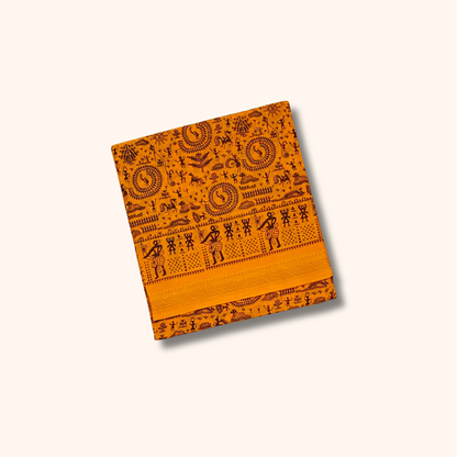 Mustard Yellow Warli Print Sungudi Cotton Saree with Tribal Border
