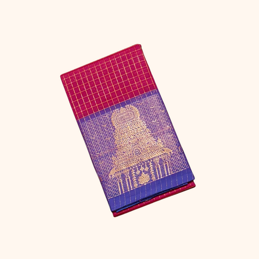 Rani Pink Chettinad Cotton Saree with Royal Blue Temple Border