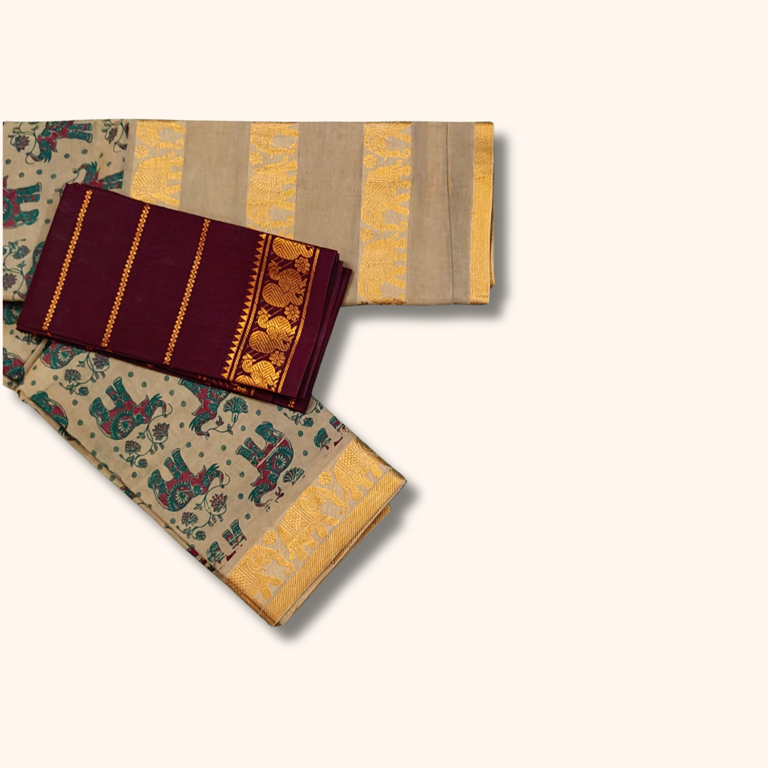 Beige Elephant Print Sungudi Cotton Saree with Gold Zari Elephant Border