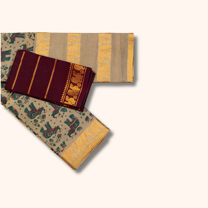Beige Elephant Print Sungudi Cotton Saree with Gold Zari Elephant Border