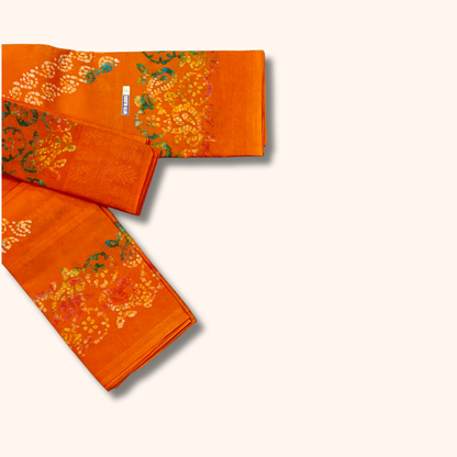 Bright Orange Sungudi Cotton Saree with Multicolor Batik Floral Design & Matching Blouse Piece