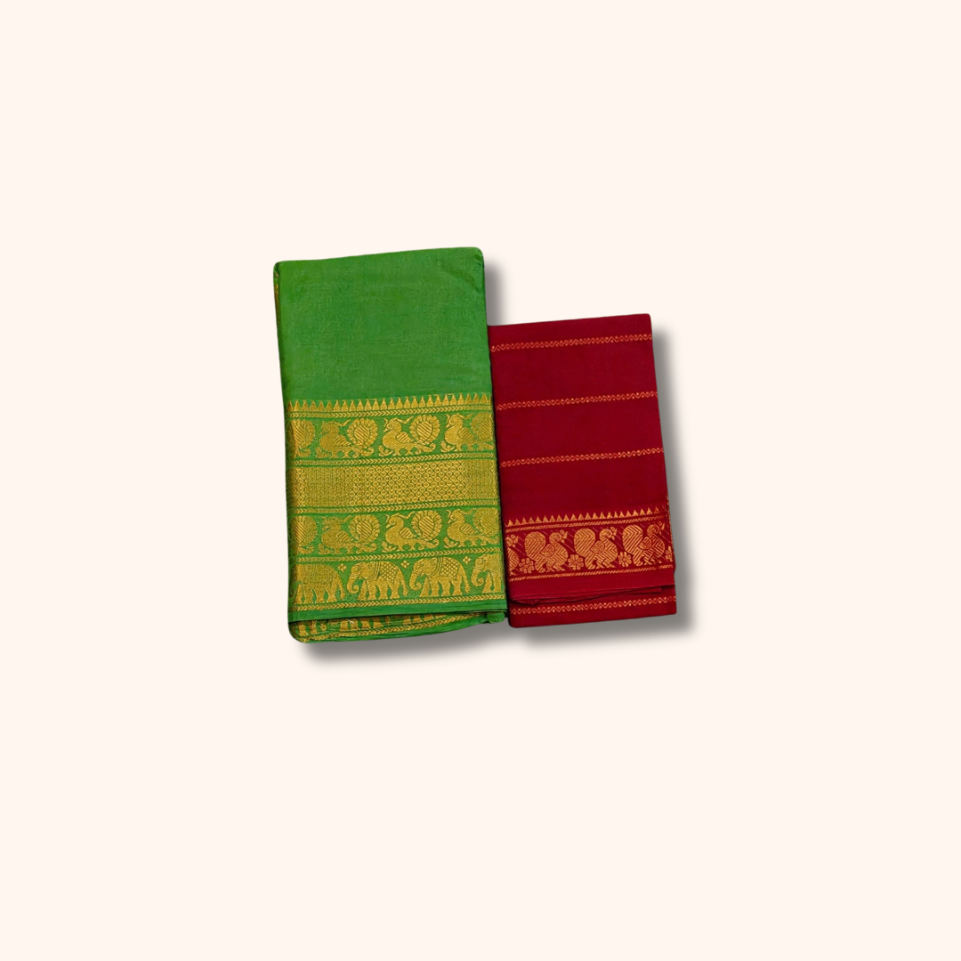 Green Cotton Saree with Gold Zari Traditional Border & Maroon Separate Blouse Piece