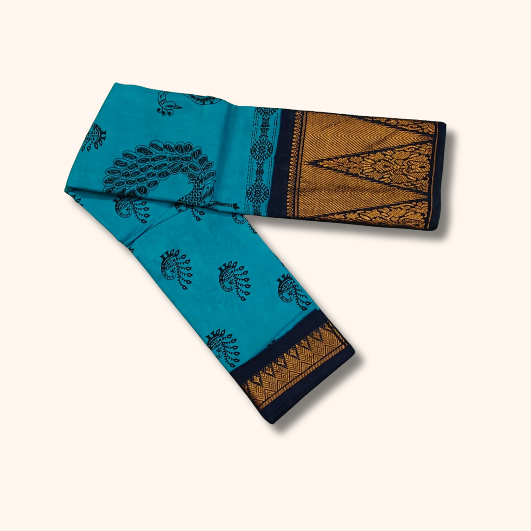 Turquoise Blue Peacock Print Cotton Saree with Navy Blue Temple Border