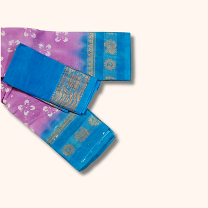 Lavender & Sky Blue Batik Sungudi Cotton Saree with Silver Zari Border