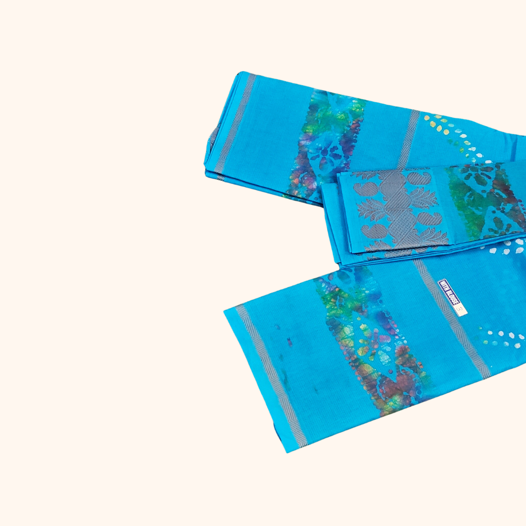 Sky Blue Batik Cotton Saree with Separate Blouse Piece