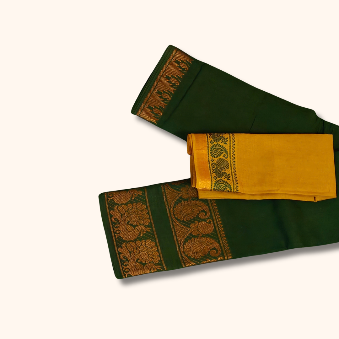 Dark Green Cotton Saree with Gold Zari Peacock Border & Mustard Yellow Separate Blouse Piece