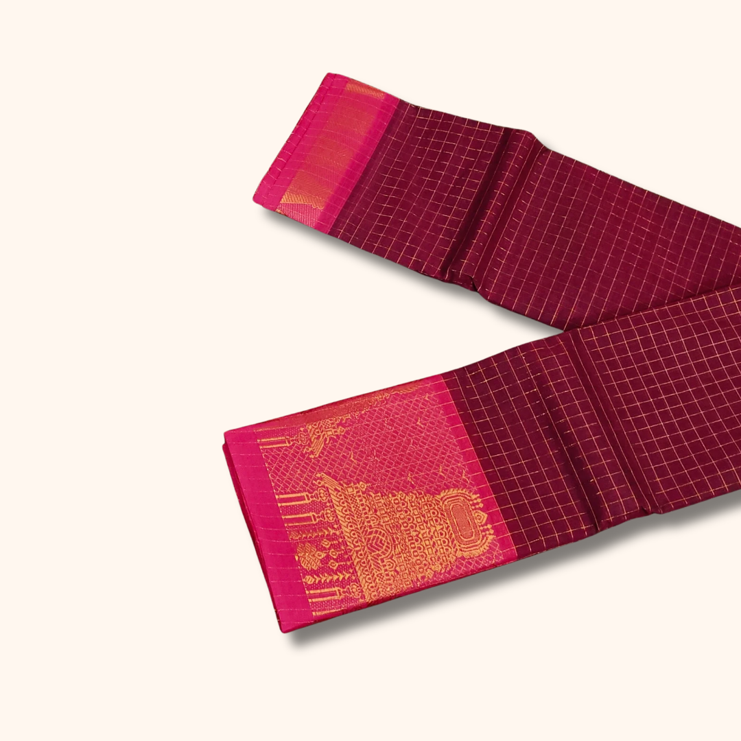 Maroon Chettinad Cotton Saree with Gopuram Border