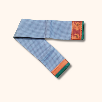 Powder Blue Pure Chettinad Cotton Saree with Peach-Gold & Green Border