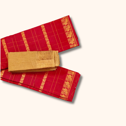 Tomato Red Cotton Saree with Gold Zari Checks & Peacock Border – Separate Blouse