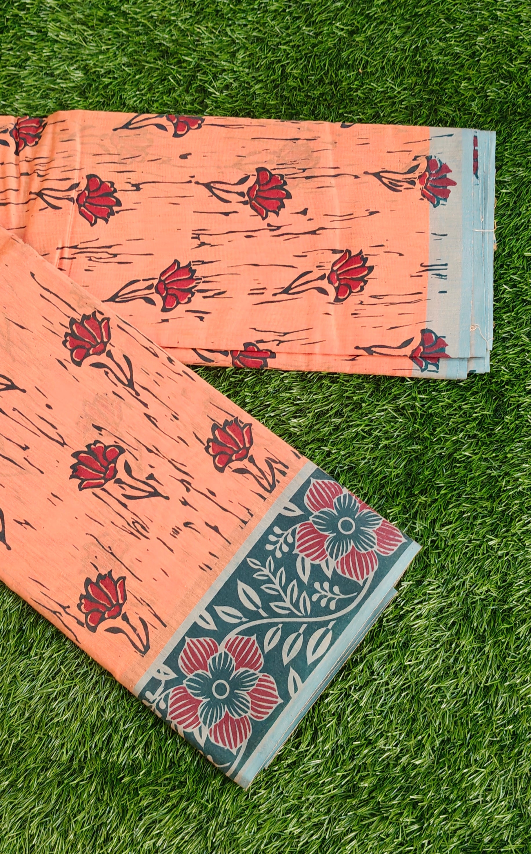 Rust Orange Shade South Indian Pure Cotton Floral Printed Saree