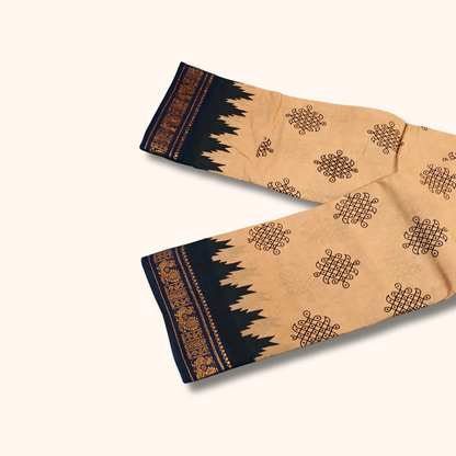 Beige Kolam Sungudi Cotton Saree with Black Temple Border