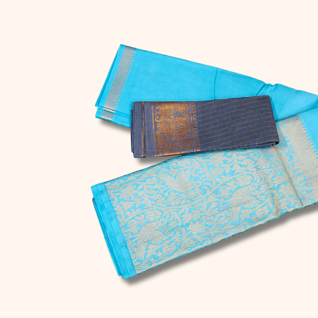 Sky Blue Vasigara Pattern Sungudi Cotton Saree with Blue Separate Blouse Piece