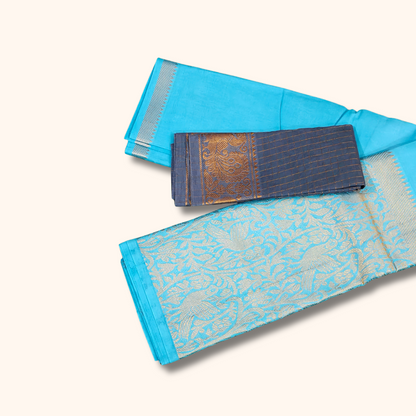 Sky Blue Vasigara Pattern Sungudi Cotton Saree with Blue Separate Blouse Piece