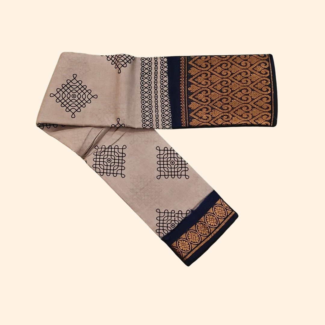 Ash Grey Kolam Cotton Saree with Navy Blue Designer Border