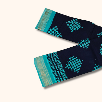 Navy Blue Kolam Sungudi Cotton Saree with Turquoise Border
