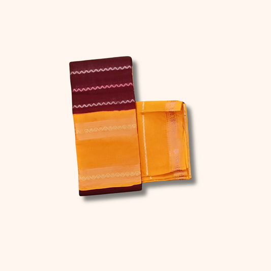 Maroon Cotton Sungudi Saree with Mustard Yellow Contrast Blouse – Traditional Cotton Saree
