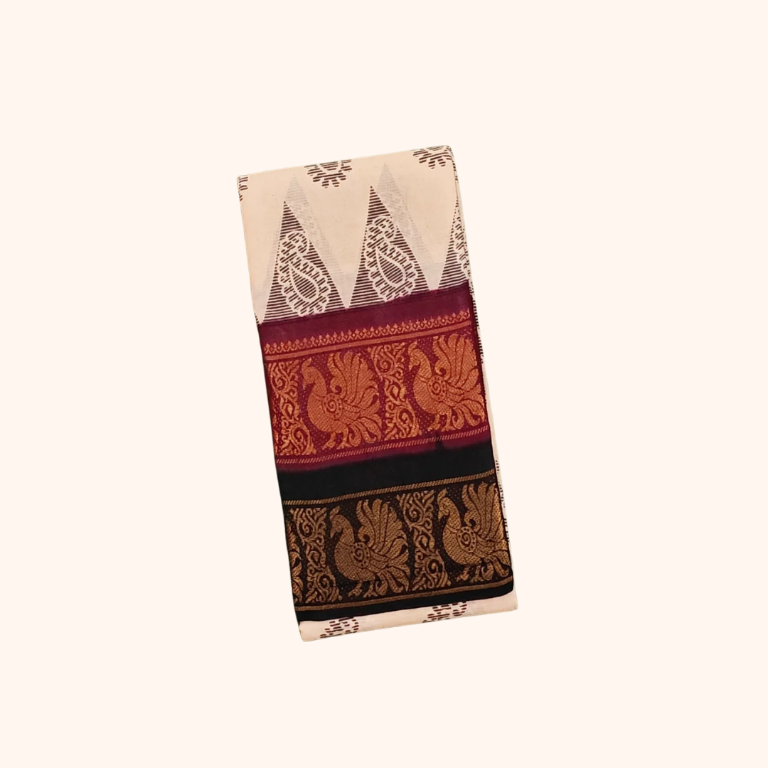 Cream Paisley Double Border Sungudi Cotton Saree – Traditional Peacock Border