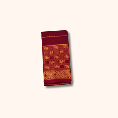 Maroon Cotton Saree with Traditional Gold Elephant Border – Running Blouse