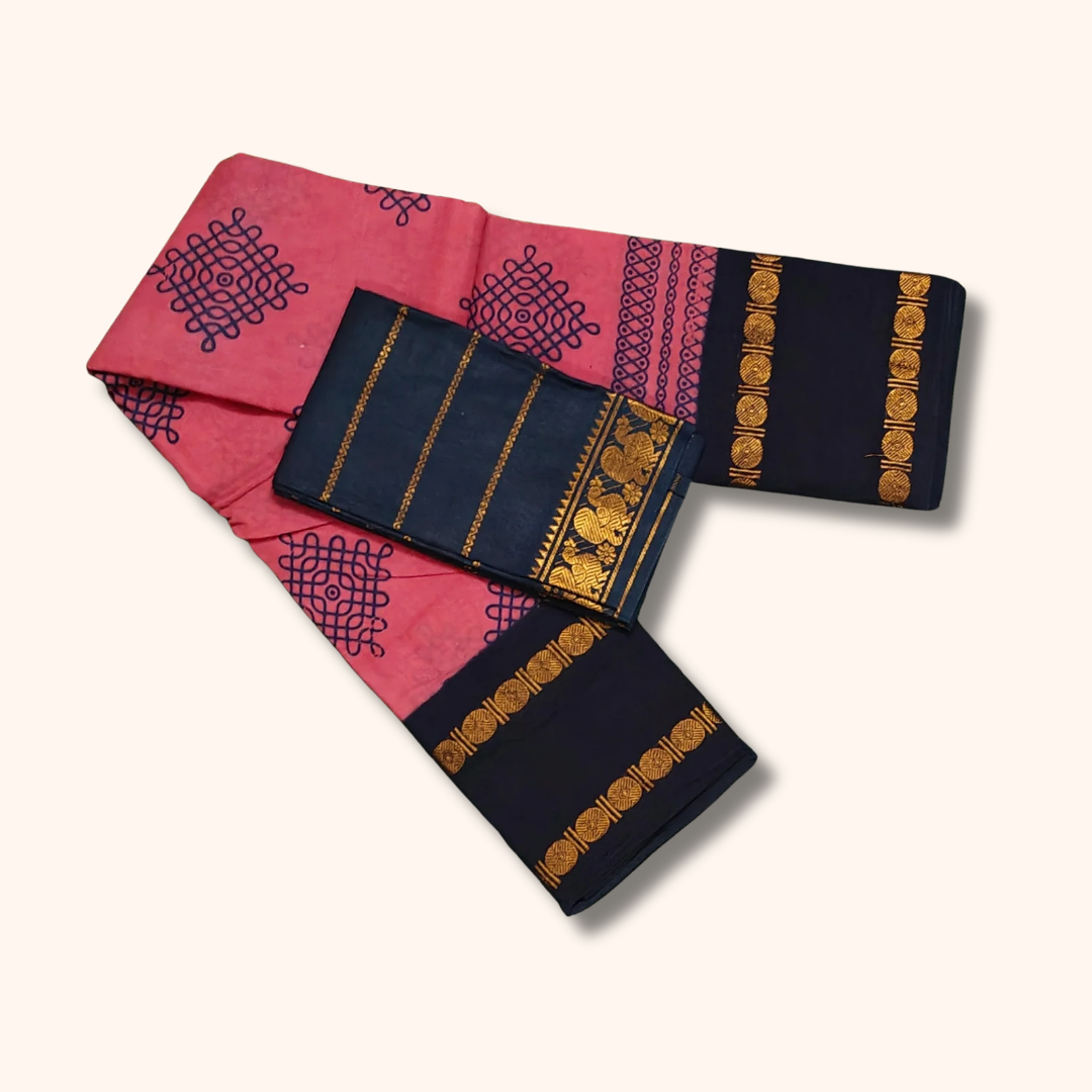 Pink Sungudi Kolam Cotton Saree with Contrast Navy Blue Blouse Piece