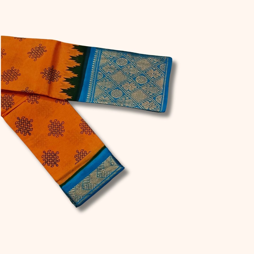 Orange Kolam Print Cotton Saree with Blue Zari Border